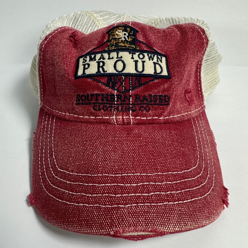 Southern‎ Raised Small Town Proud Trucker Hat Red White Mesh Distressed Kitsch